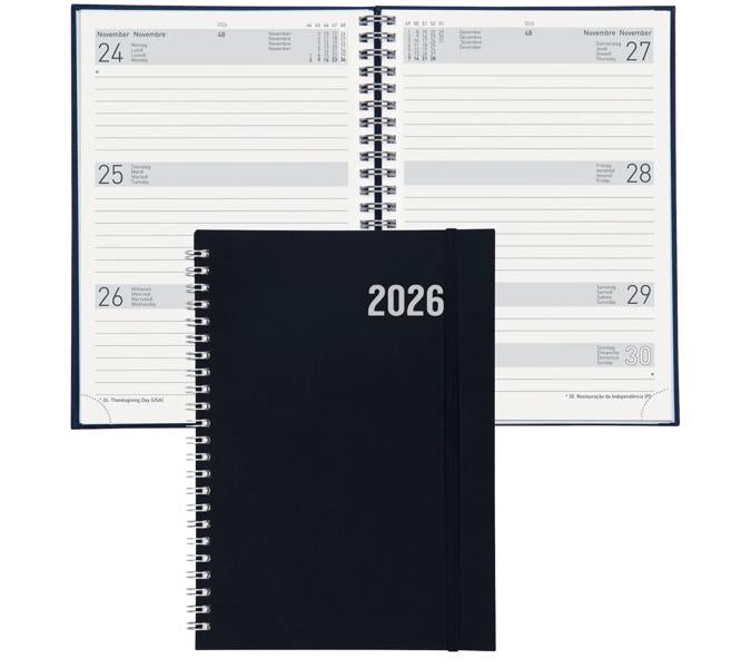 Biella Agenda – 1 Woche/2 Seiten, Wire-O, 14,5 × 20,5 cm, 2026, schwarz, FSC