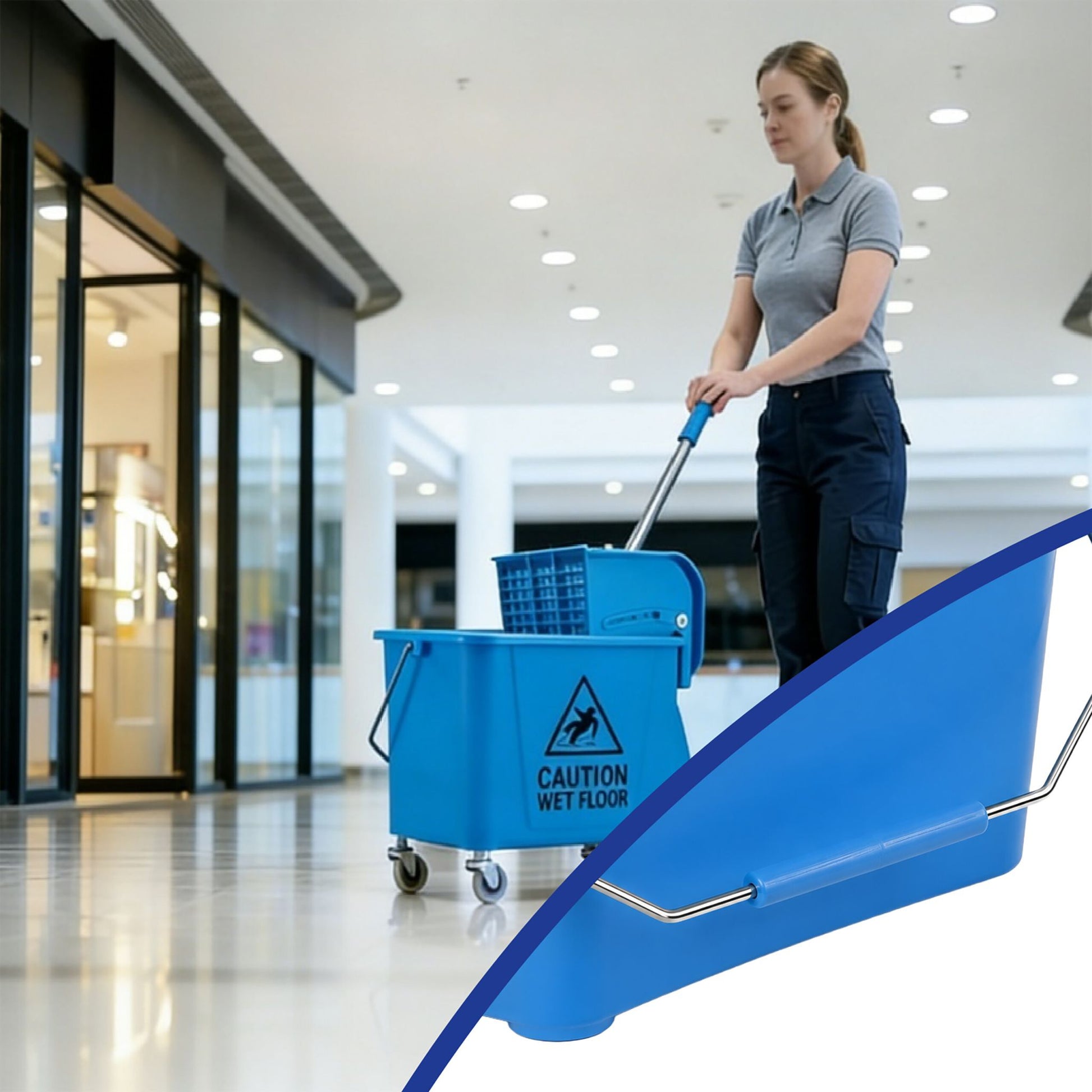 Relaxdays Reinigungswagen mit Presse – 22 l, Kunststoff/Edelstahl, Blau, 1 Stk., 44,0 × 28,0 × 66,0 cm