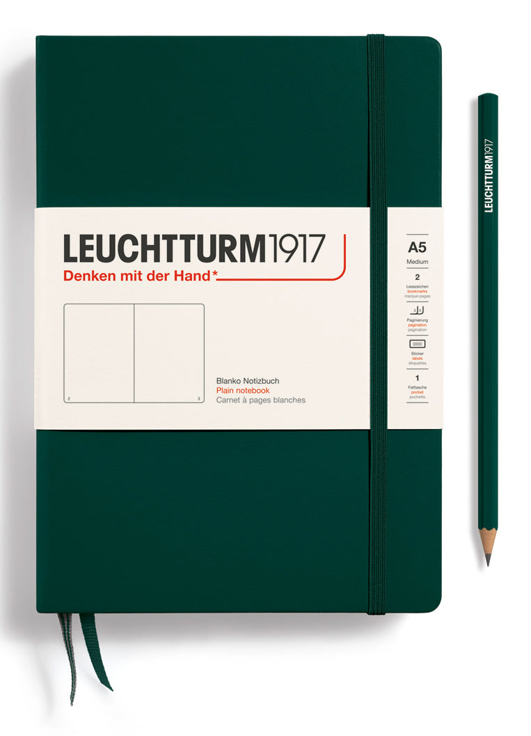 Leuchtturm Notizbuch – A5 – blanko – 251 Seiten – 80 g/m² – Hardcover, Gummiband, Einstecktasche, grün, FSC