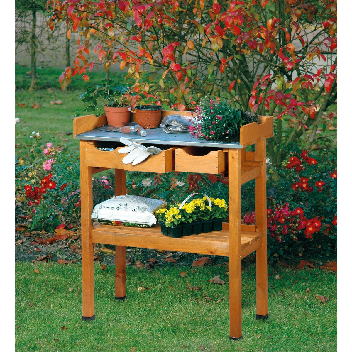 Dobar Pflanztisch – mit 3 Schubladen, 80 × 40 × 90 cm – Kiefernholz, Braun