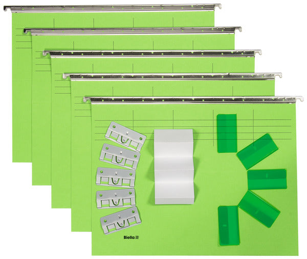 Biella Hängemappe – für A4, grün, Karton, 5 Stk., inkl. 5 Metall-Clip-Reiter