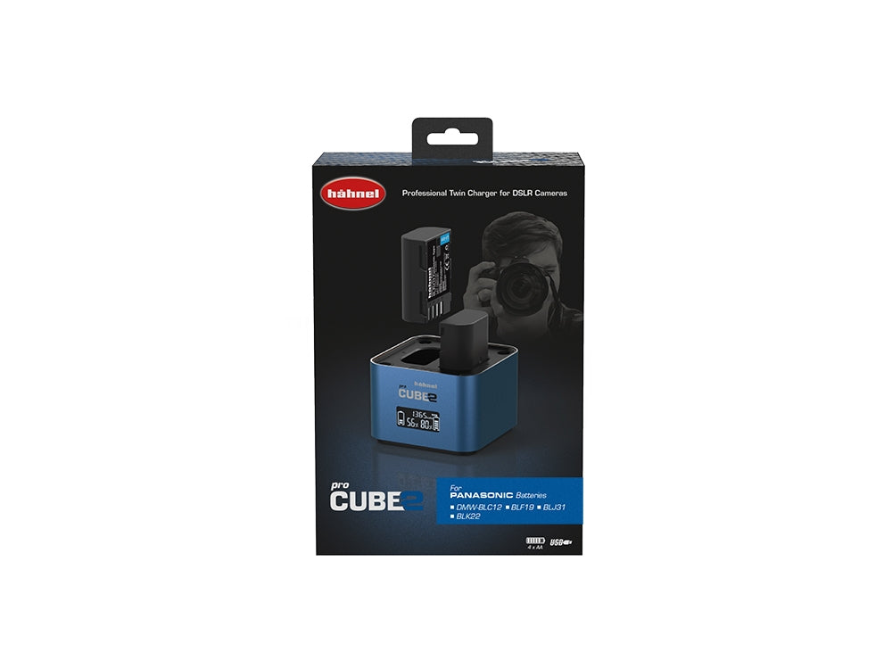 Hahnel Hähnel pro Cube2 Akkuladegerät – für DMW-BLC12, DMW-BLF19, DMW-BLG10 und andere – 2-fach, AC, 12 V – LCD, Blau