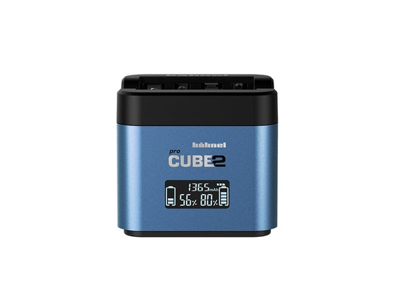 Hahnel Hähnel pro Cube2 Akkuladegerät – für DMW-BLC12, DMW-BLF19, DMW-BLG10 und andere – 2-fach, AC, 12 V – LCD, Blau