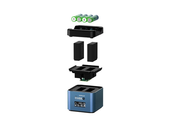 Hahnel Hähnel pro Cube2 Akkuladegerät – für DMW-BLC12, DMW-BLF19, DMW-BLG10 und andere – 2-fach, AC, 12 V – LCD, Blau