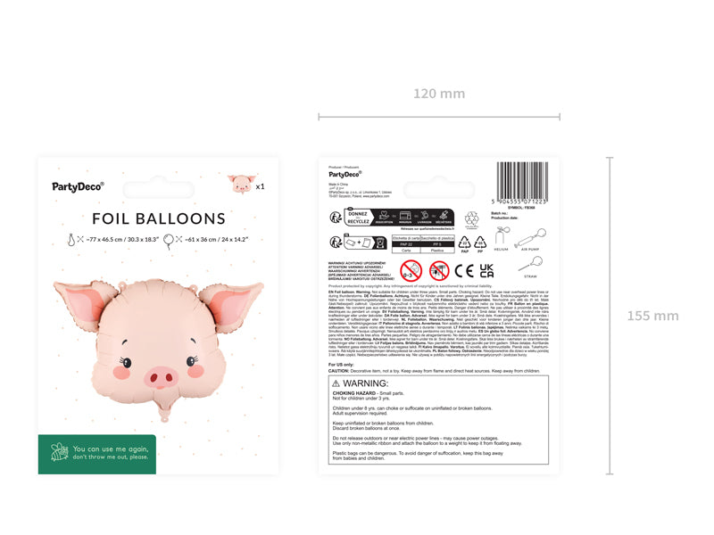 PartyDeco Folienballon Schweinchen – Rosa – 77 × 62 cm – Folie – 1 Stk
