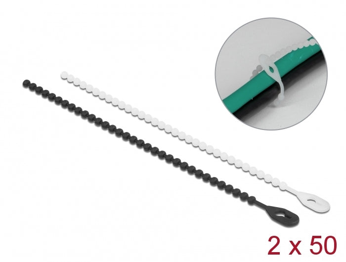 DeLOCK Kabelbinder, wiederverwendbar, mit Perlen, 3,6 mm × 0,18 m, schwarz, weiss, 100 Stück