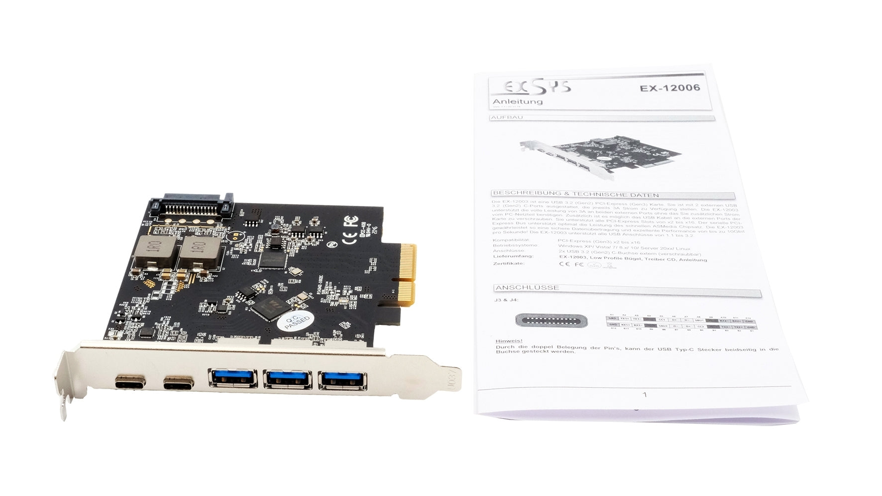 EXSYS EX-12006 PCIe USB-Karte – 5× USB 3.2 Gen2 extern (3× USB-A, 2× USB-C), 15 W pro C – für Windows XP–10
