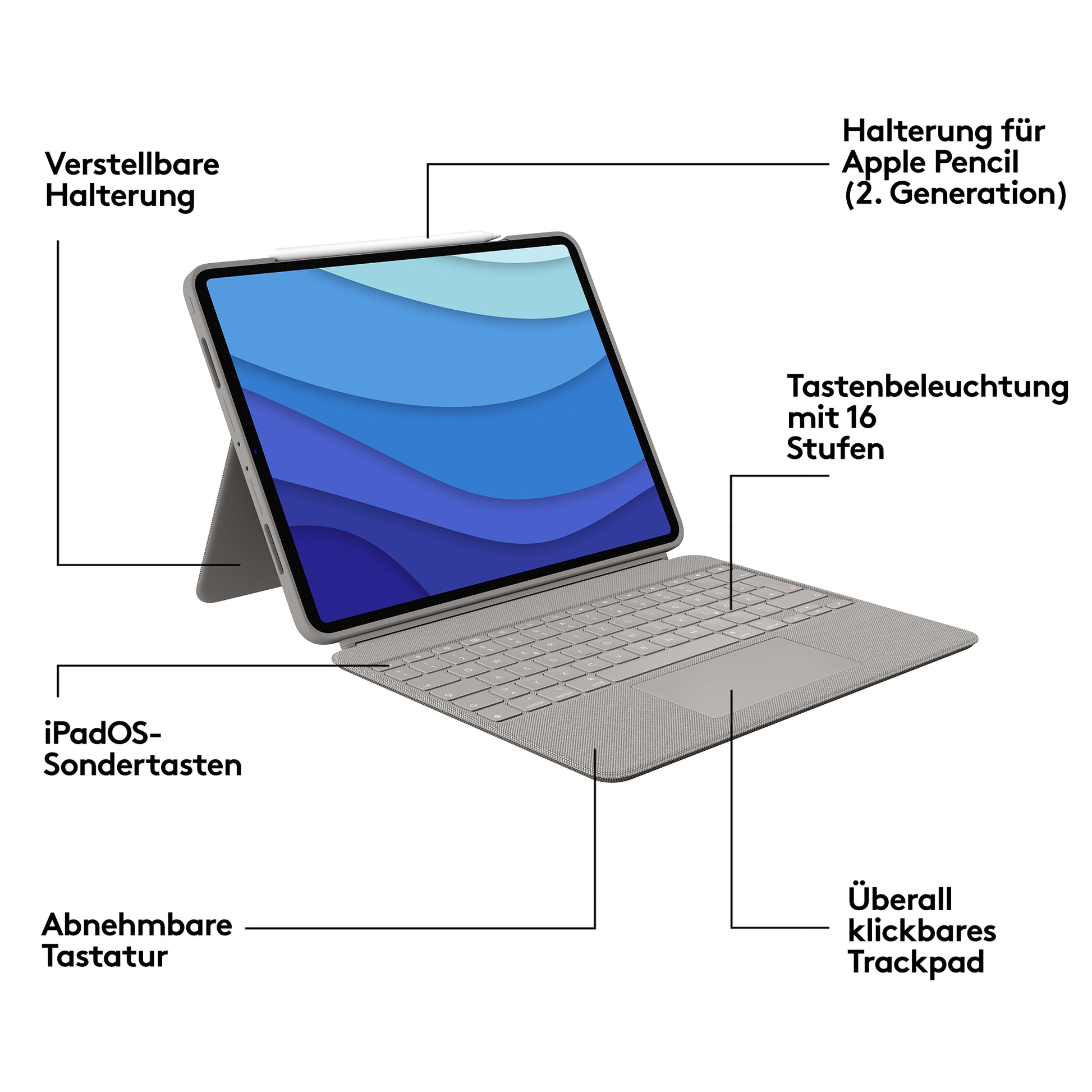 Logitech Combo Touch – Tastatur, US-Layout (EN), Sand – für iPad Pro 12,9" (5. Gen.)