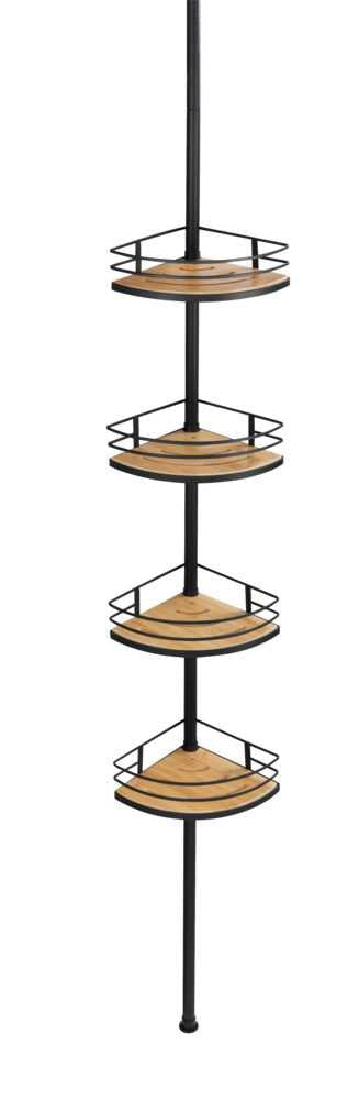 WENKO Aufbewahrungsbox (Bad) – 31×23×65–275 cm, Bambus, Edelstahl, Klemmen, Dreieck, Schwarz/Holz