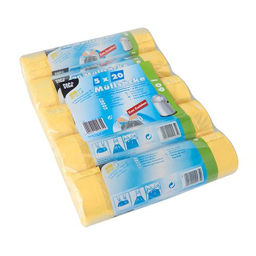 Papstar Kehrichtsack – 60 l, mit Zugband, HDPE, gelb, 18 µm, 640 × 710 mm, 100 Stk