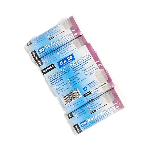Papstar Kehrichtsack – 5 l, LLDPE, weiss, 16 µm, 360 × 440 mm, 5 Rollen à 20 Stk