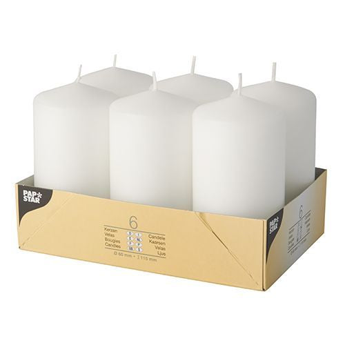 Papstar Stumpenkerze – 6-teilig – Ø 6 × 11,5 cm – Paraffin, weiss – ca. 24 h