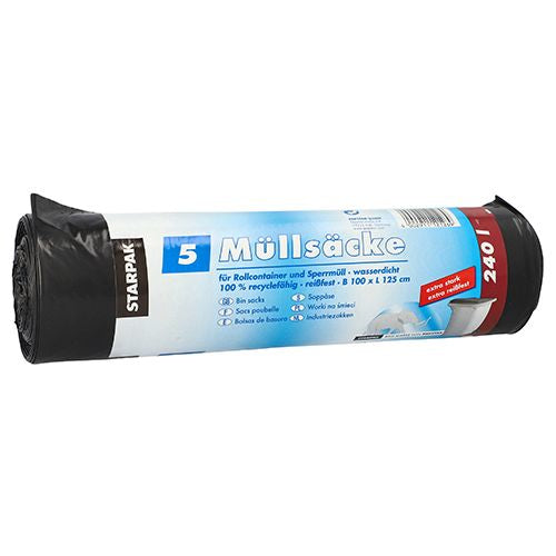 Papstar Kehrichtsack – 240 l, mit Zugband, LLDPE, schwarz, 1000 × 1250 mm, 5 Stk