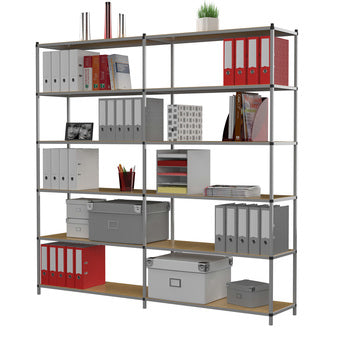 PaperFlow Tubeco Büroregal – Hartfaser/Stahl, Grau, 100 × 200 × 34 cm, 6 Böden, Traglast 80 kg je Fach