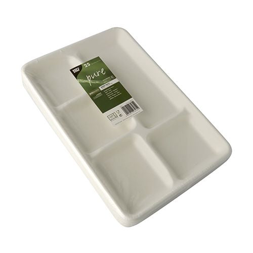 Papstar Teller, Bagasse (Zuckerrohr), rechteckig, 5-geteilt – 31,7 × 21,6 cm – 25 Stk.