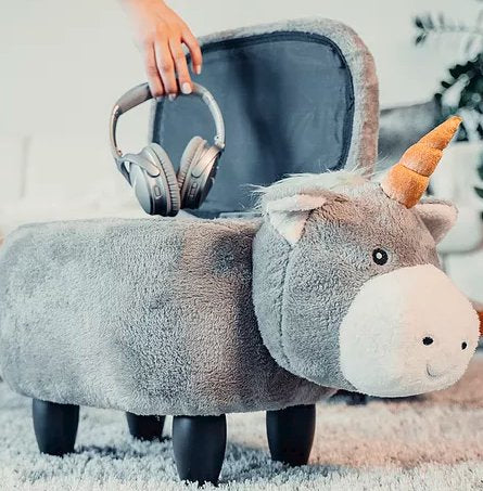 Zoosy Einhorn Hocker – B 71 × T 35 × H 36 cm – Schaumstoff, Textil, Gummi, Holz, Grau – für Kinder