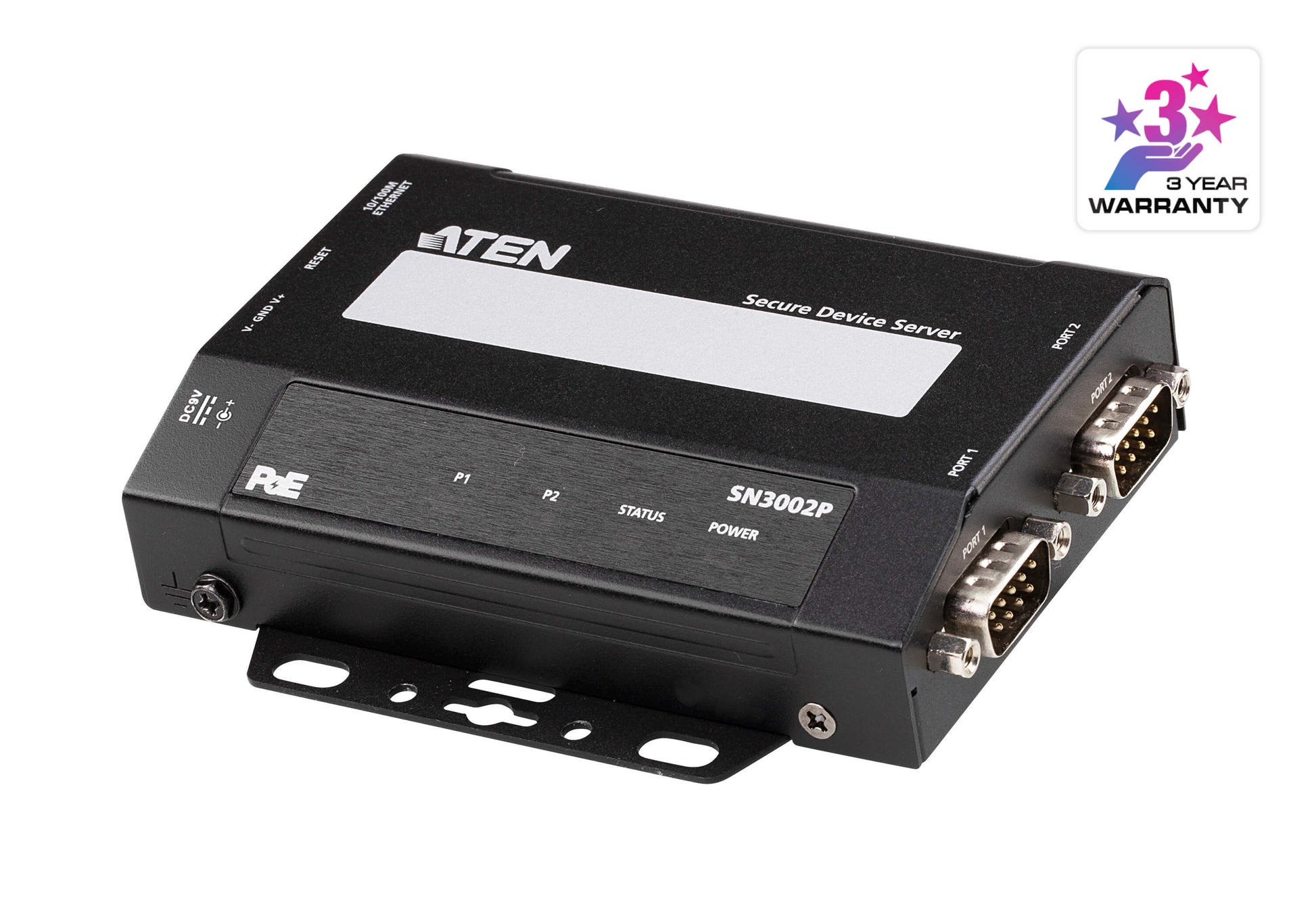 ATEN SN3002P Serieller Device-Server RS-232 zu Ethernet – 2-Port, 10/100 Mbit/s, PoE (802.3af) – Schwarz