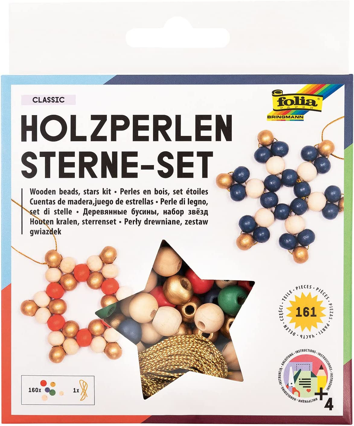 Folia Holzperlen-Set Sterne – 161 Holzperlen, 15 m Garn, Anleitung – Ø 10 mm, Ø 12 mm