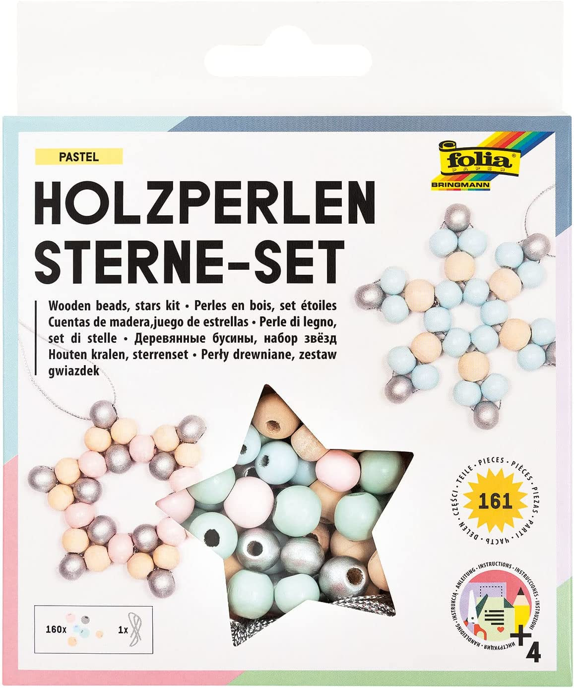 Folia Perlenmischung, Holz – mehrfarbig – Ø 10–12 mm, Loch 12 mm – 160 Stk. – Sterne-Set Pastell