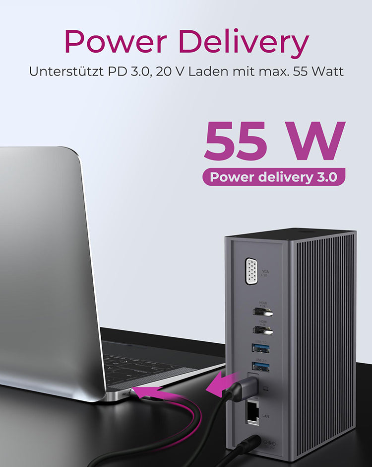 ICY BOX IB-DK2262AC Dockingstation – USB-C, 2× HDMI, 1× VGA, 3× USB-A, 55 W PD, GbE, für Windows/Mac