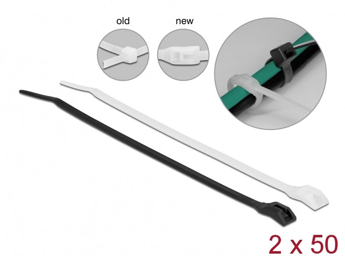 DeLOCK Kabelbinder mit paralleler Einführung, 4,6 mm × 0,28 m, Schwarz/Transparent, 100 Stück