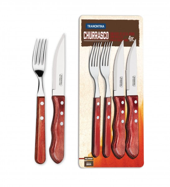 Tramontina JUMBO Steakbesteck-Set – 4-teilig, 32,5 cm, Edelstahl, Holzgriff, Rot, FSC