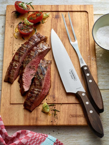 Tramontina CHURRASCO Tranchier-Set – 2-teilig, 33,8 cm, Edelstahl, Holzgriff, Braun, für Grill