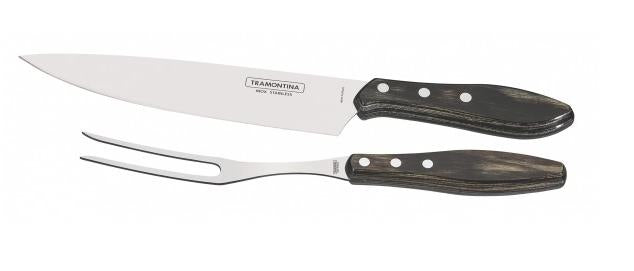 Tramontina CHURRASCO Tranchier-Set – 2-teilig, 33,8 cm, Edelstahl, Holzgriff, Braun, für Grill