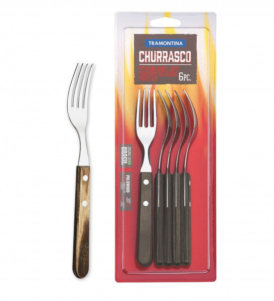 Tramontina Steakgabeln – 6er-Set, 21 cm, Edelstahl, Holzgriff, Braun, spülmaschinenfest