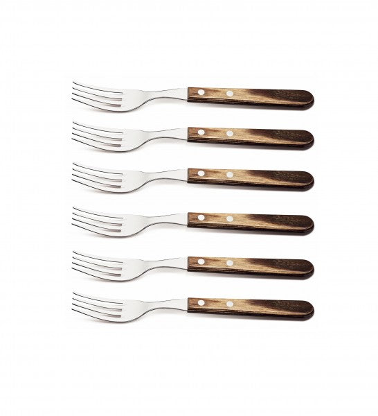 Tramontina Steakgabeln – 6er-Set, 21 cm, Edelstahl, Holzgriff, Braun, spülmaschinenfest