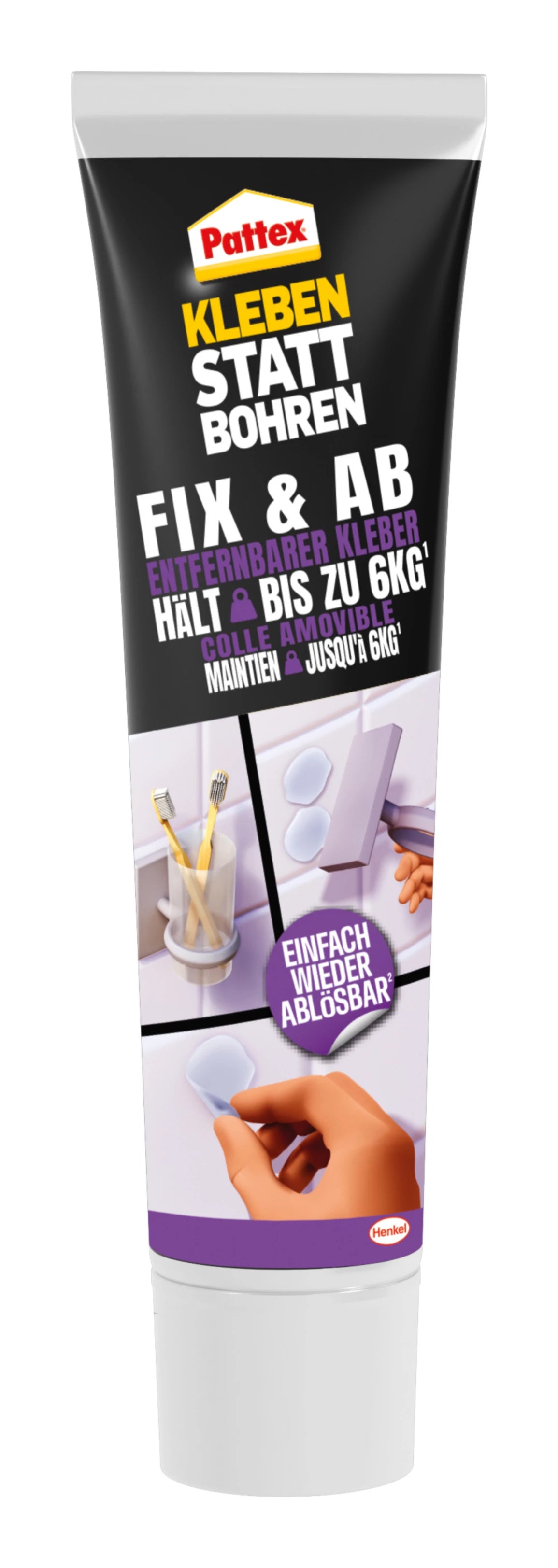 Pattex Kleben statt Bohren Fix & Ab Montagekleber – transparent, wasserfest, für Metall, Glas, 44 g