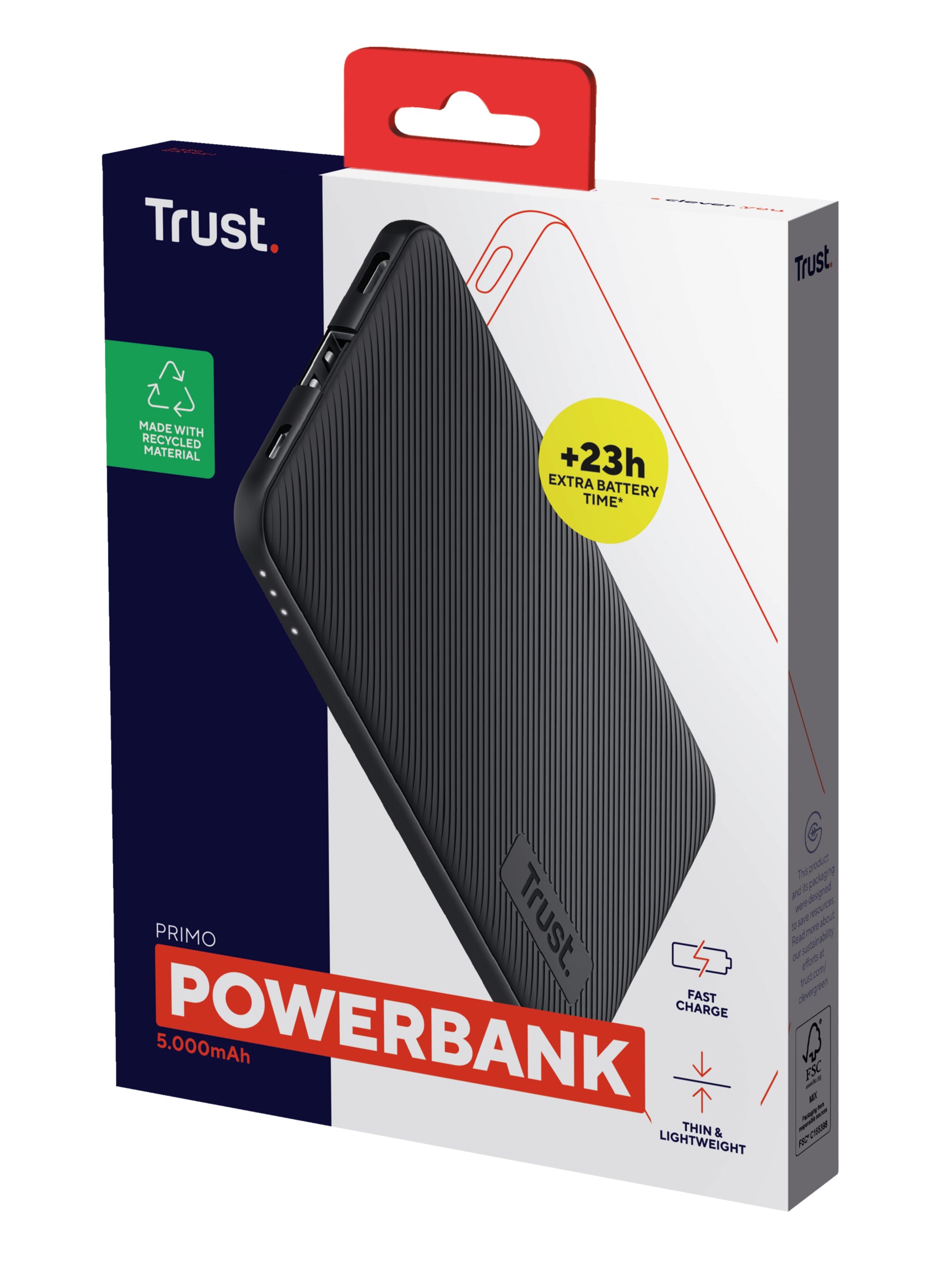 Trust Primo Powerbank 5'000 mAh – 18,5 W PD, 1× USB-C, 1× USB-A, schwarz