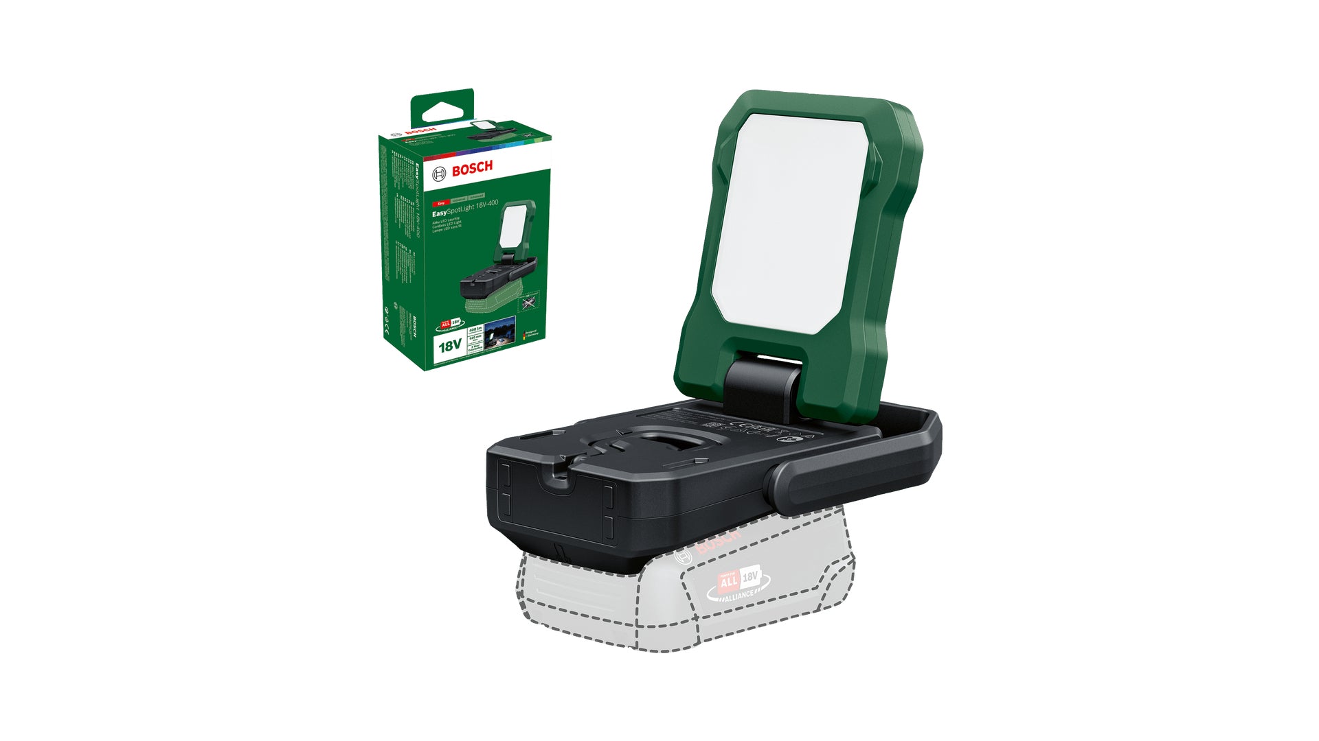 Bosch Taschenlampe EasySpotLight 18V-400 – 400 lm, IP30, 3-Stufen-Dimmer, USB – Grün