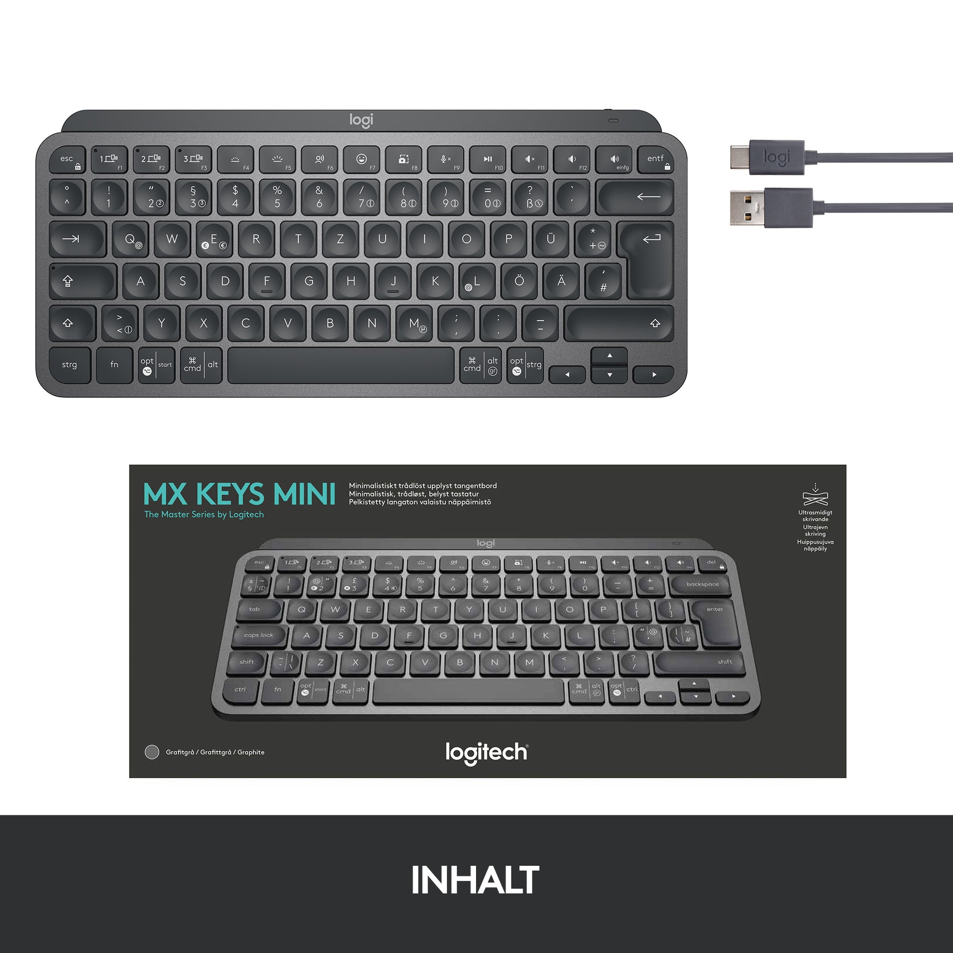 Logitech MX Keys Mini – Tastatur – Mini – Bluetooth & 2,4 GHz (Logi Bolt) – beleuchtet – QWERTZ (DE) – Graphit