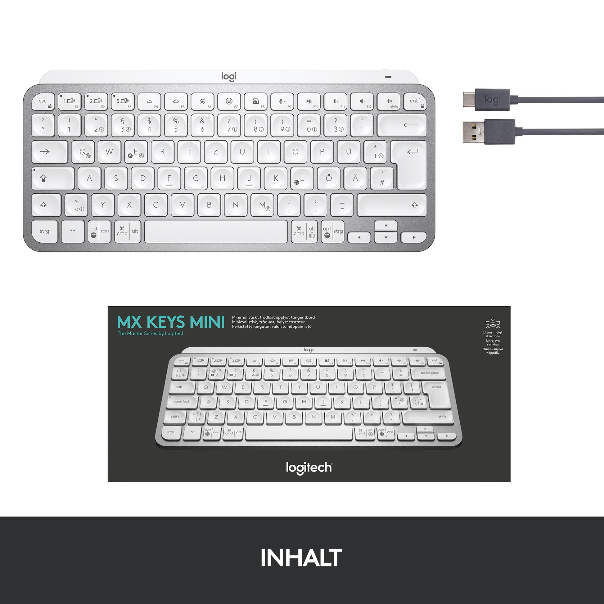Logitech MX Keys MINI – Tastatur, kabellos (Bluetooth), DE-Layout (DE), Grau