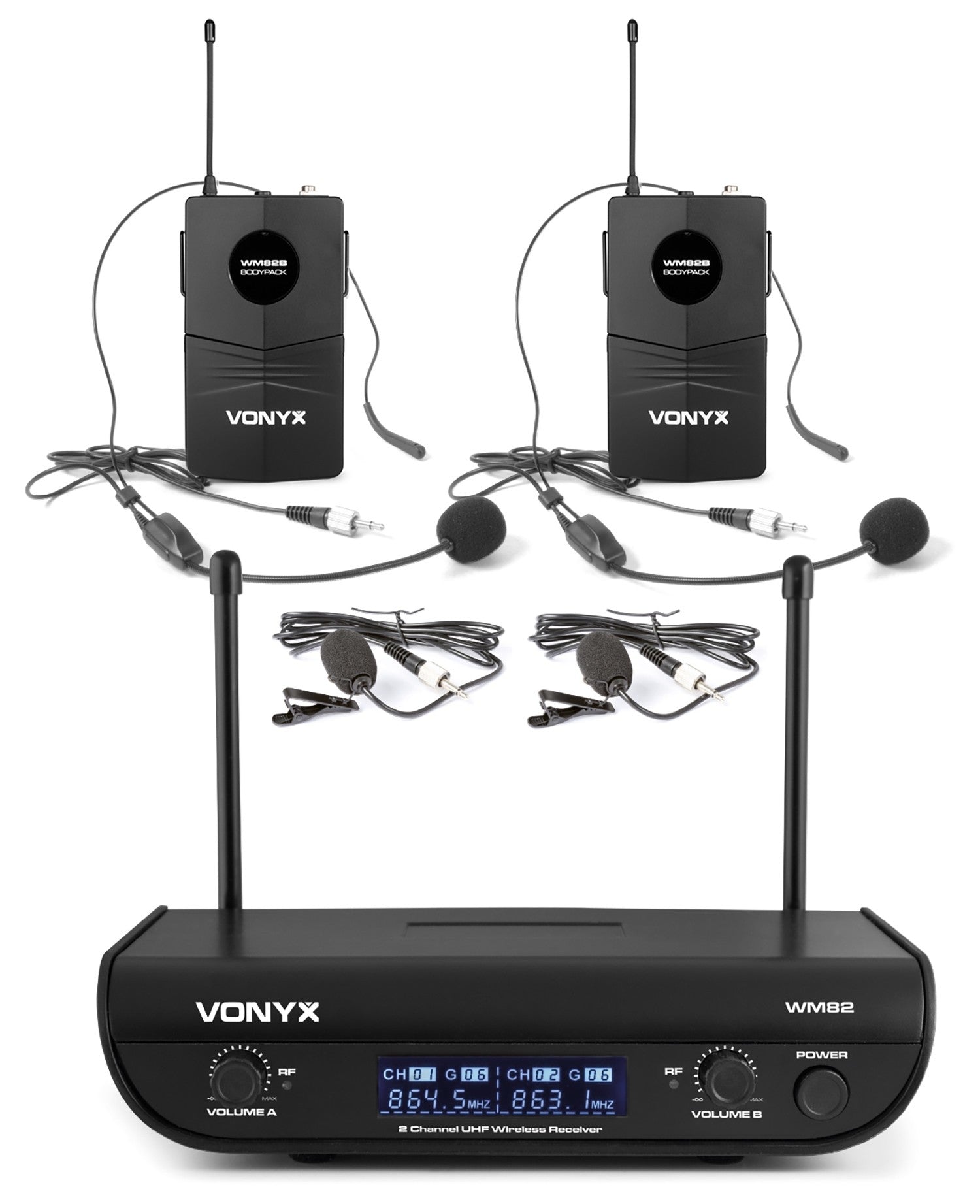 Vonyx WM82B Lavaliermikrofon 2er-Set – 6,3 mm Klinke/XLR, Kabellos (863,1–864,5 MHz), Niere, 30–20'000 Hz