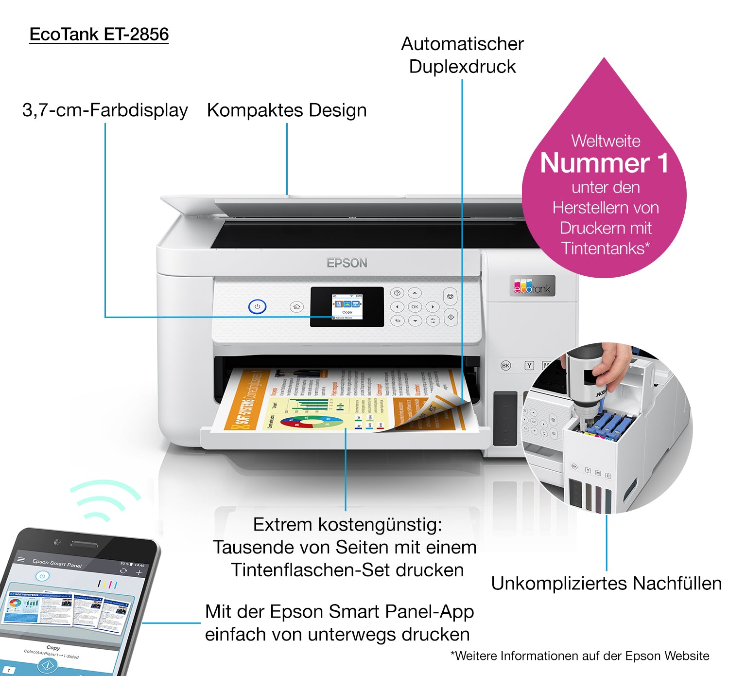 Epson EcoTank ET-2856 – Farbtintenstrahl-Multifunktionsdrucker, A4, 3-in-1, Duplex, WLAN, AirPrint