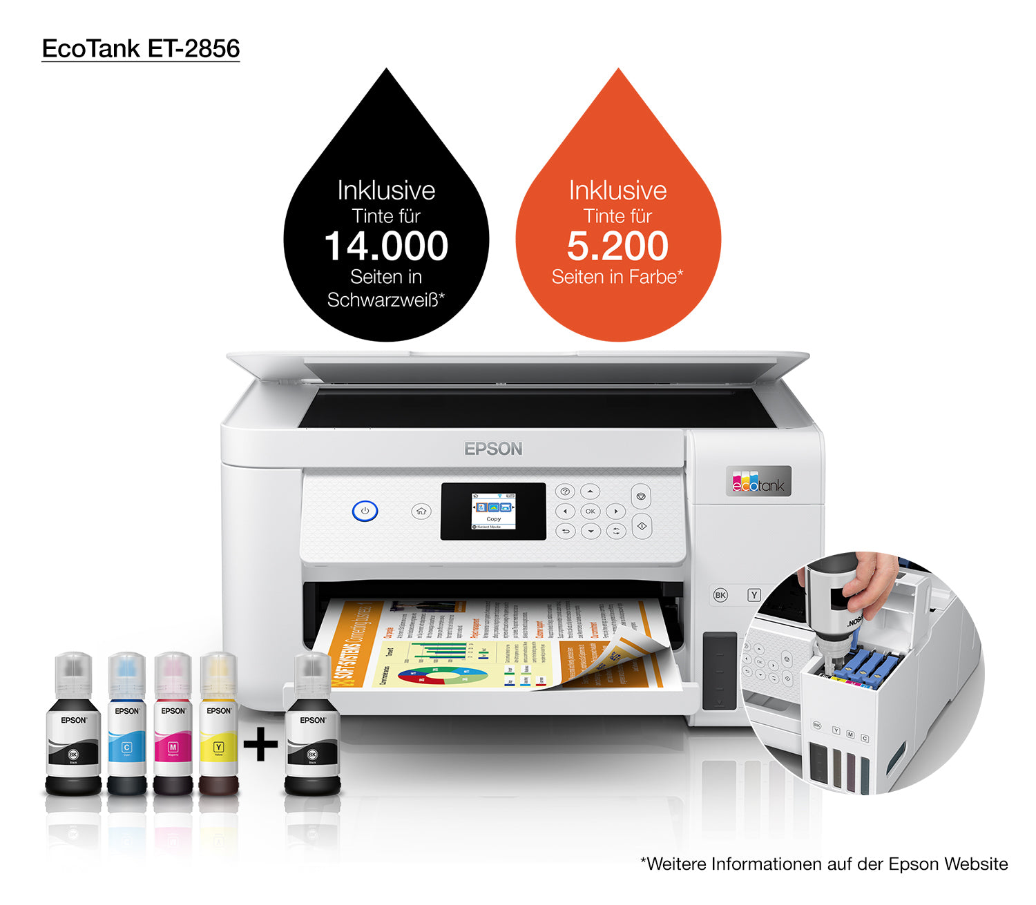 Epson EcoTank ET-2856 – Farbtintenstrahl-Multifunktionsdrucker, A4, 3-in-1, Duplex, WLAN, AirPrint