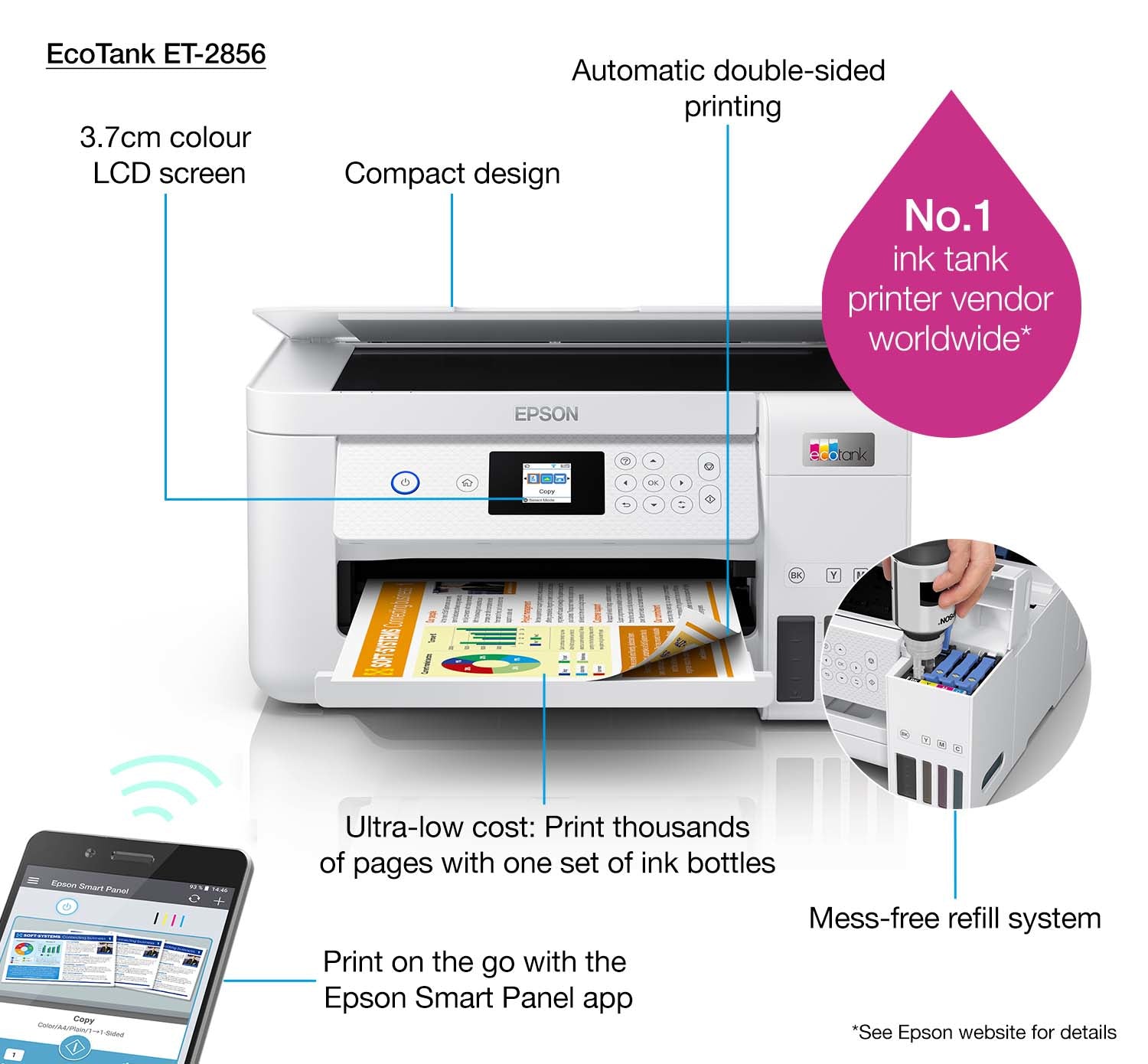 Epson EcoTank ET-2856 – Farbtintenstrahl-Multifunktionsdrucker, A4, 3-in-1, Duplex, WLAN, AirPrint