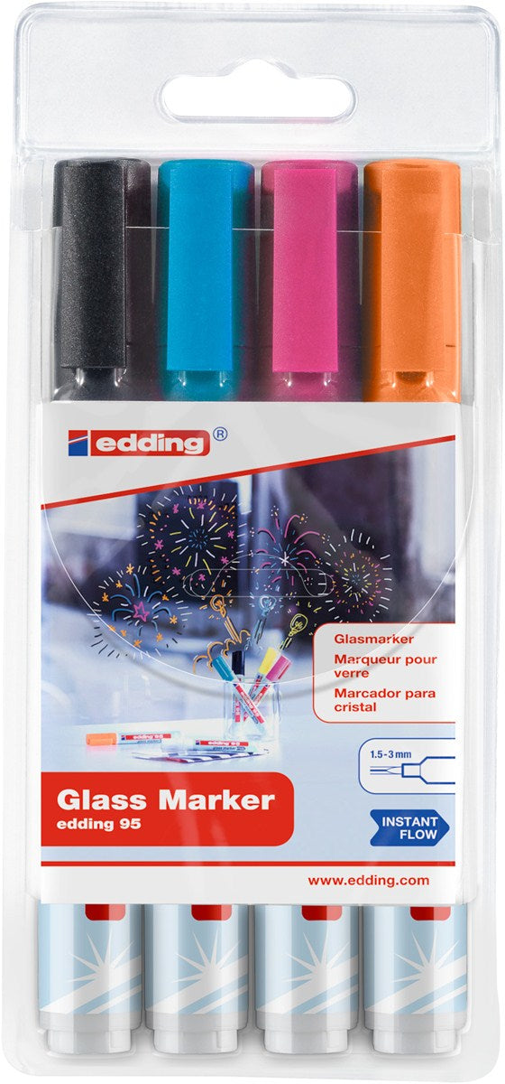 Edding Non-Permanent-Marker Glasboard 95 – Rundspitze 1,5-3 mm – sortiert – 4er-Set – trocken abwischbar