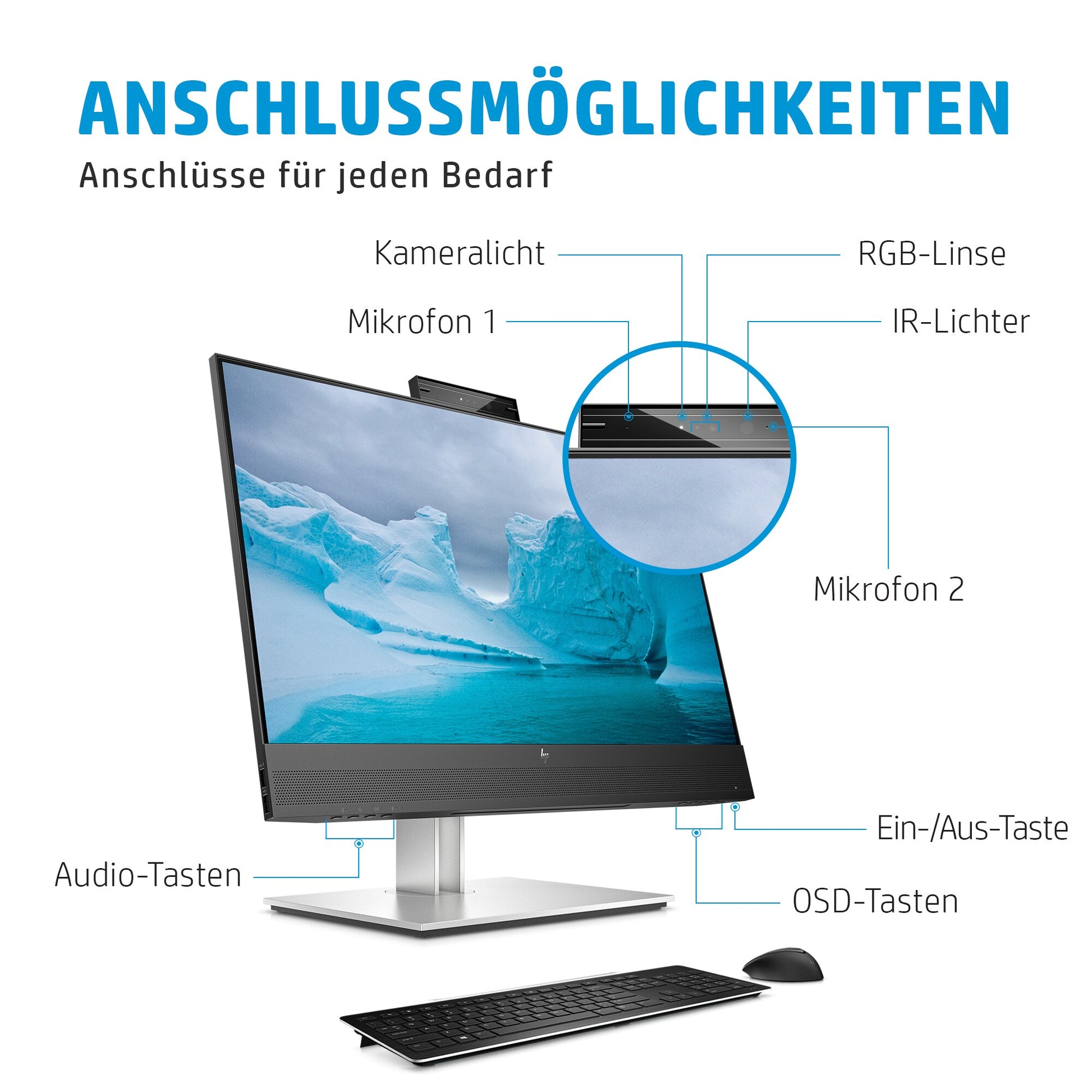 HP E24mv G4 – Monitor, 23,8", 1920 × 1080 (Full HD), IPS, 60 Hz, 250 cd/m², Webcam, VESA 100 × 100, Schwarz