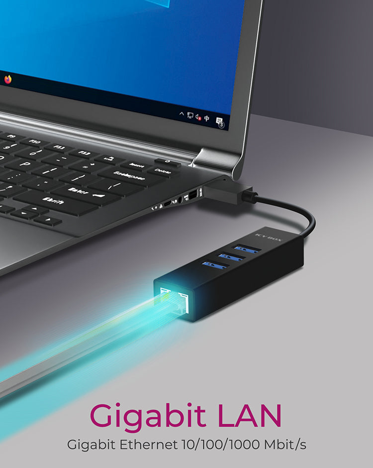 ICY BOX IB-1419-LAN USB-Hub – USB-A, 3× USB-A, GbE, für Windows/Mac