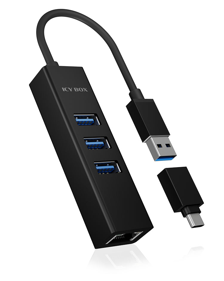 ICY BOX IB-1419-LAN USB-Hub – USB-A, 3× USB-A, GbE, für Windows/Mac