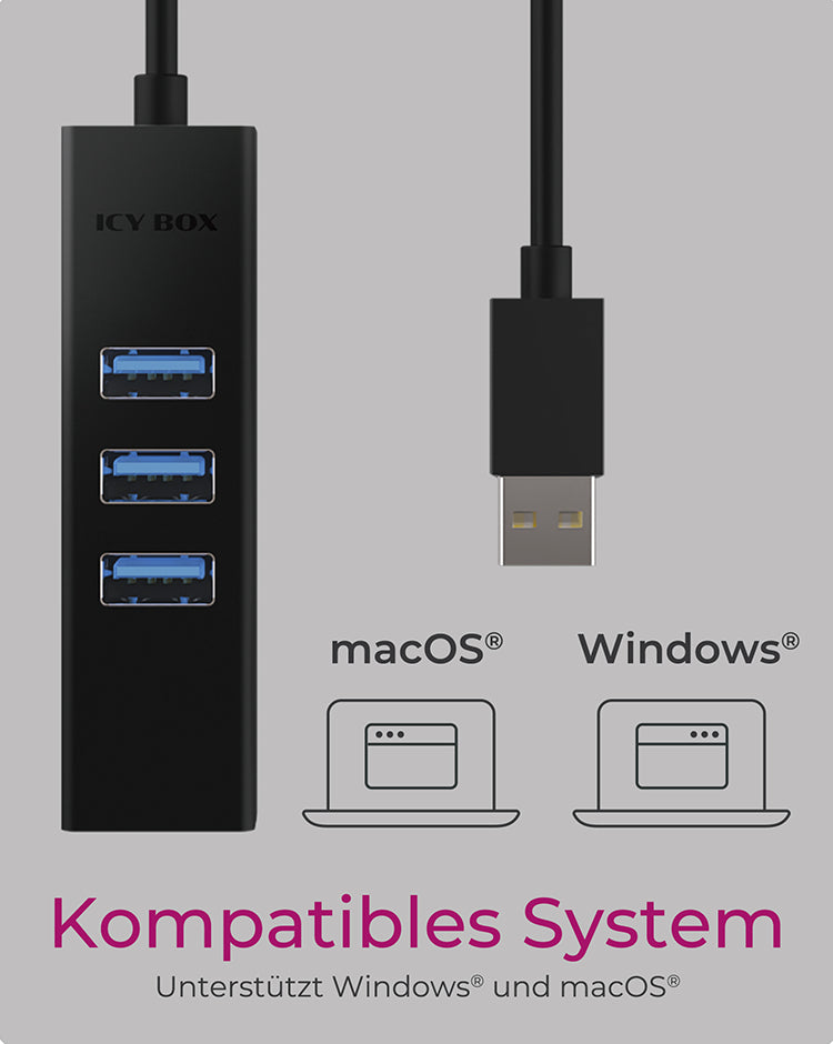 ICY BOX IB-1419-LAN USB-Hub – USB-A, 3× USB-A, GbE, für Windows/Mac