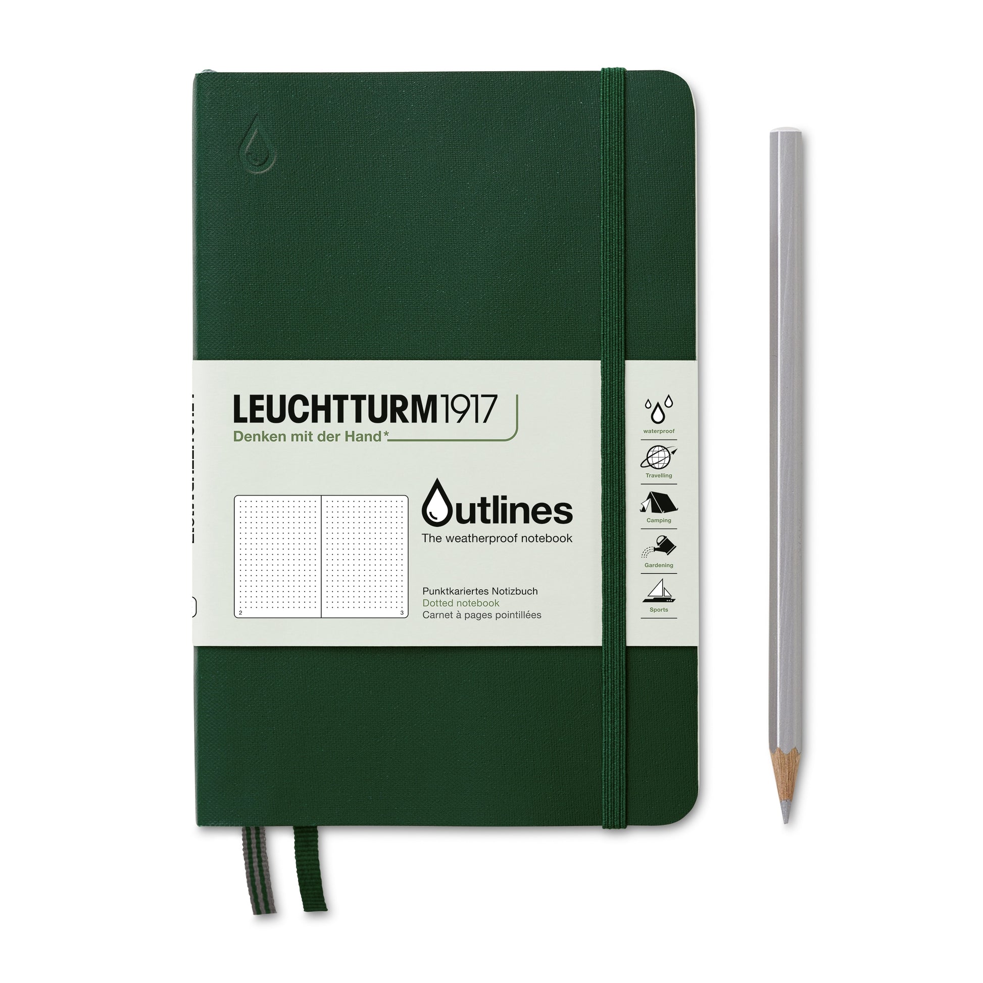 Leuchtturm Outlines Notizbuch – B6+ – punktiert 5 mm – 89 Seiten – 150 g/m² – Hardcover, Gummiband, grün