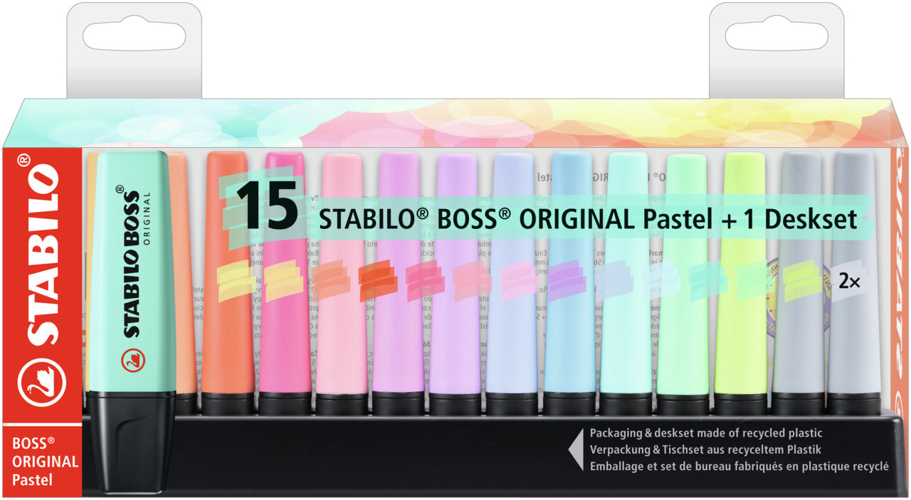 STABILO BOSS Original Pastell Textmarker – 15er Set, Farben sortiert, Keilspitze 2–5 mm, nachfüllbar