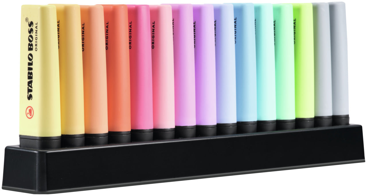 STABILO BOSS Original Pastell Textmarker – 15er Set, Farben sortiert, Keilspitze 2–5 mm, nachfüllbar
