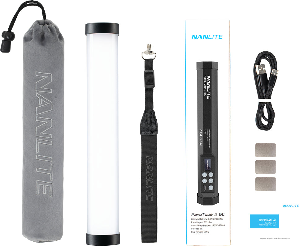 Nanlite Tischleuchte PavoTube II 6C – LED 11 W, 2700–7500 K, dimmbar, Akku, USB-C – Schwarz