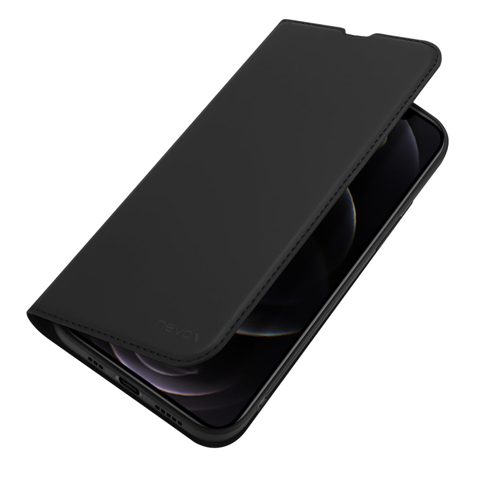 nevox Vario Series Wallethülle – für Apple iPhone 15 Pro, mit Ständer, 1 Kartenfach, PU+TPU, Schwarz