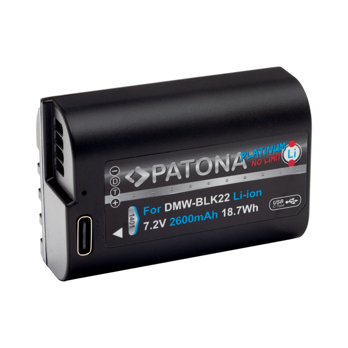 PATONA Platinum Akku DMW-BLK22 – 2600 mAh, 7,2 V, USB-C-Eingang – für Panasonic S5, G9, GH5 und andere – Schwarz